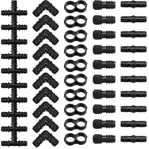 BODZWI 50 Pièces Raccords d'Irrigation 16mm pour Tuyau d'Arrosage Goutte à Goutte, Kit de Connecteurs avec Té, Coude, Bouchon et Raccord Droit, Matériel d'Arrosage pour Jardin et Potager