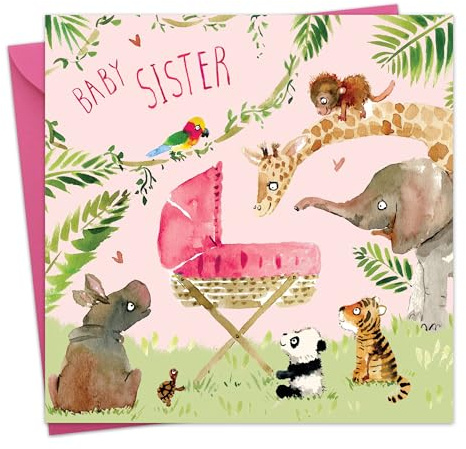 Twizler New Baby Sister Card with Pink Crib and Jungle Animals - Cute Congratulations New Baby Girl Card - Gifts for Newborn Sister