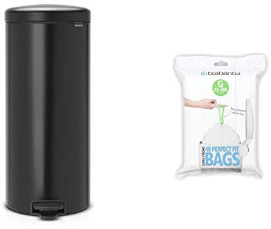 Brabantia Newicon Cubo De Basura Con Pedal, Acero Inoxidable, Negro Mate, 30 L + 375668 Expendedor Bolsas De Basura, Blanco, 23-30 L