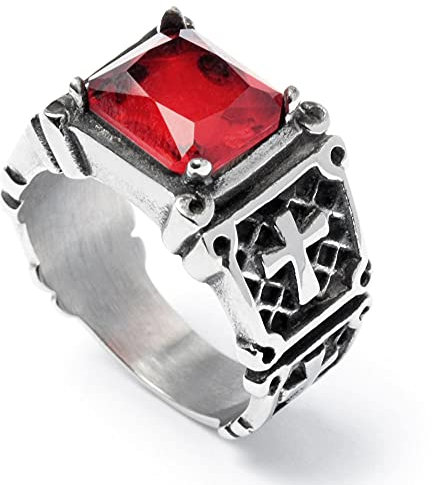 Schmuck-Checker Ring mit 4 Kreuzen und großem roten Stein Templer-Ring 316L Edelstahl silber Herren-Ring Geschenk (68 (21,6 mm Ø))