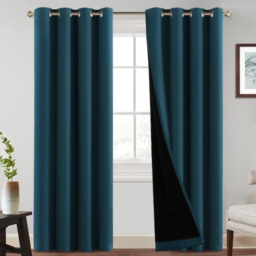 PrinceDeco 100% Blackout Curtains with Black Liner Backing Privacy Protection & Noise Reducing Black Lined Insulated Window Treatment Curtains,52 inches Wide x 84 inches Long, Set of 2, Deep Teal