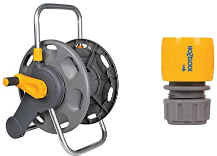 Hozelock 2475 0000 60m 2 in 1 Empty Hose Reel & 2166P9000 Hose end connector (12.5mm & 15mm), Grey
