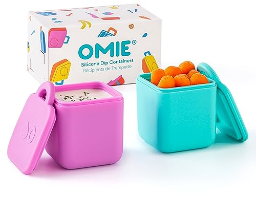 Omie OmieBox (2 Pack) Leakproof Dips Containers to Go, Salad Dressing Container, Condiment Container with Lids - Food Safe Silicone - 4 Ounces (Pink/Teal)