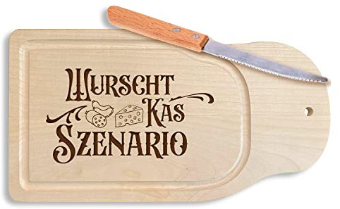 Bavariashop - Brotzeitbrett Wurscht, Kas Szenario Schneidebrett aus Ahorn-Holz, Frühstücksbrett mit Messer