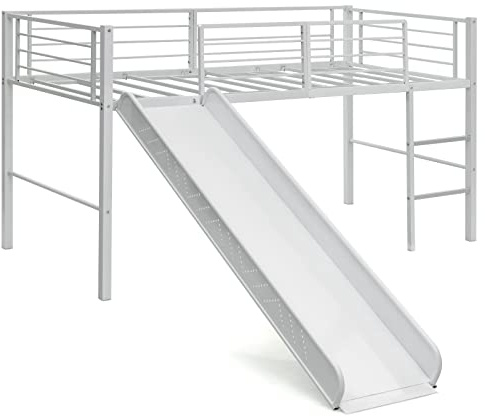 COSTWAY Lit Mezzanine Enfants avec Toboggan, 90 x 190 cm, Lit Mezzanine 1 Personne, Échelle et Structure en Métal, Pas Besoin de Sommier, pour Fille, Garçon (Blanc)