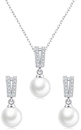 Huachan Parure de bijoux femmes 925 Sterling Silver boucles d'oreilles collier avec perles de culture d'eau douce CZ Bridal Wedding gift