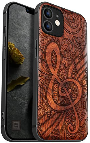 Carveit Coque en Bois pour iPhone 12 Compatible MagSafe et Chargement sans Fil Étui Antichoc de 12 Etui magnétique Souple TPU Silicone Bumper (Rosé-Doodle Note de Musique)