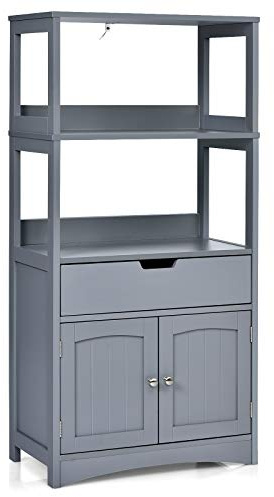 CASART Bathroom Storage Cabinet, Wooden Floor Cupboard with Open Shelves, Drawer and Doors, Freestanding Storage Units for Living Room Kitchen Office (Grey)