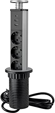 Emuca - Regletas Enchufe encastrable, Regleta multienchufe retráctil con Carga rápida, 3 enchufes EU y 2 USB A+1USB C, Torre de enchufes empotrable para encimera, Gris Metalizado, Plástico, Aluminio