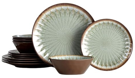 Gufaith Melamine Dinnerware Sets for 4,12 Pcs Party Plates and Bowls Sets,Outdoor Use Harvest Dinner Dishes Set,Great for RVs Camping,Lightweight Unbreakable,Dishwasher Safe,Sage Green