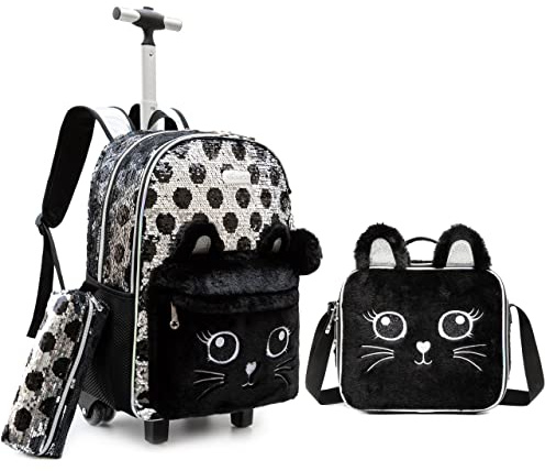 HTgroce Rucksäcke Mädchen Schultaschen 3 in 1 Set mit Trolley, Rucksack, Lunchtasche und Federmäppchen - Die Katze
