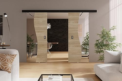 KIER FURNITURE Doppelwandige Schiebetüren mit Spiegeln FALA DUO – Schiebetür Komplettset Schiene Komplettset Mit Tür – Zimmertüren Mit Zarge Komplett - B172xH205xT1,6 cm - Sonoma-Eiche
