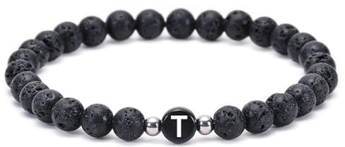 Daesar Paare Armband, Perlenarmbänder Herren Damen 6MM Schwarz Lavagestein mit Buchstaben A-Z Chakra Armband Personalisiert 17-21.5CM