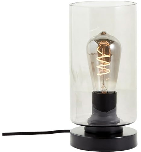 Lightbox moderne Rauchglas Tischlampe - 25 cm, Ø 12 cm - Tischleuchte mit Glas Schirm in Rauchfarben & Schalter - E27, max. 28 W - aus Metall/Glas - in Matt Schwarz/Rauchglas