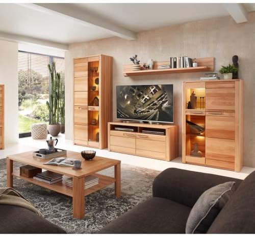 Lomadox Wohnzimmermöbel Wohnzimmer Set Vitrine Standvitrine Wandboard TV Lowboard Couchtisch, Beleuchtung, Front Kernbuche massiv