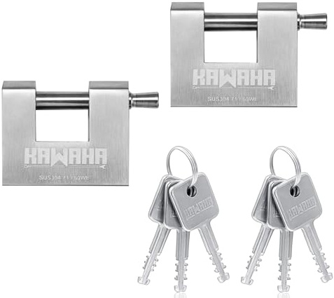 KAWAHA 71/60-2PS Edelstahl-Vorhängeschloss in D-Form mit Edelstahlschlüssel für Garagentor, Container, Schuppen, Schließfach und Lager (7,5 cm, gleichschließend, 2 Stück)