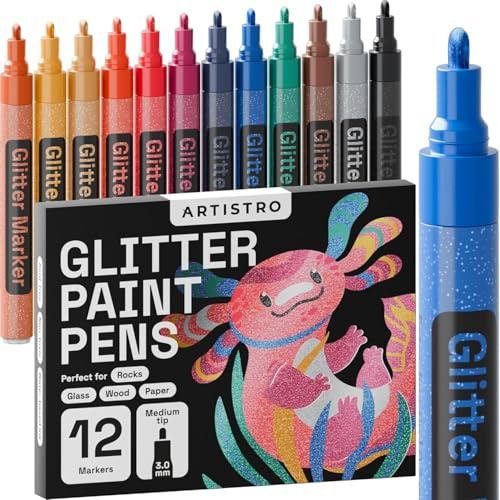 ARTISTRO 12 Glitter Paint Pens for Glass Marking, Rock Painting, Ceramic, Wood, Fabric, Scrapbooking, DIY Craft Making, Coloring - Acrylic Paint Markers Medium Tip 3mm