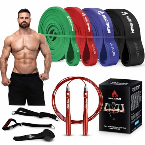 (Double Benefit) MAAC-XIMUM Resistance Bands set 4 Levels, Pull Up Bands Set with Anchor, Handles, Bag and Training Instruction, Workout Bands for Men Women
