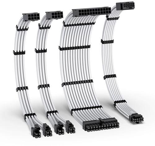 EZDIY-FAB Kit d'extension de câble d'alimentation 12VHPWR,Rallonge de câble d'alimentation PCIE 5.0 16AWG- 1x 24 Pin ATX /2X 8Pin (4+4) EPS / 1x12+4 Pin GPU,Câble à douille 300MM avec peignes-Blanc