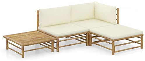 KATERYY 4-TLG. Garten-Lounge-Set mit Cremeweißen Kissen Bambus,スタイリッシュなBambusLoungegarnitur für entspannende Gartenmomente