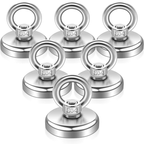 6 Stück Neodym Magnete Stark Groß, Angelmagnete Extra Stark 45kg,32MM Neodym Magnet Stark,Magnetfischen mit Heberinge Schrauben, Starker Angelmagnet mit Loch für Camping Industrie Zuhause Werkstatt
