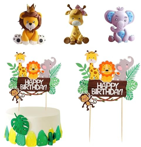 4 Pcs Animal Cake Toppers, Safari Cake Toppers, Jungle Cake Decorations, Jungle Animal Cake Decorations Giraffe Elephant Lion Cake for Birthday Party Decoration