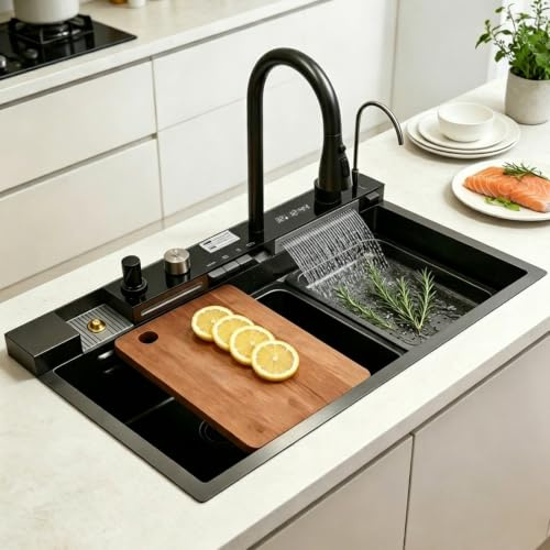 DSMRLEOP Stor Kapacitet Vattenfall Diskbänk Med Svart Rostfritt Stål Finish, Single Bowl Farmhouse Diskbänk, Nano-coated Bar Prep Diskbänk Med Allt I En Utdragbar Kran, Glasbricka Och Avloppskorg För