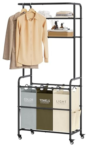 Gewudraw Laundry Sorter 3 Section,Laundry Hamper Cart with Hanging Rack & Removable Bags,Heavy Duty Laundry Basket Organizer with Wheels & 2 Tier Shelf,3 Colors