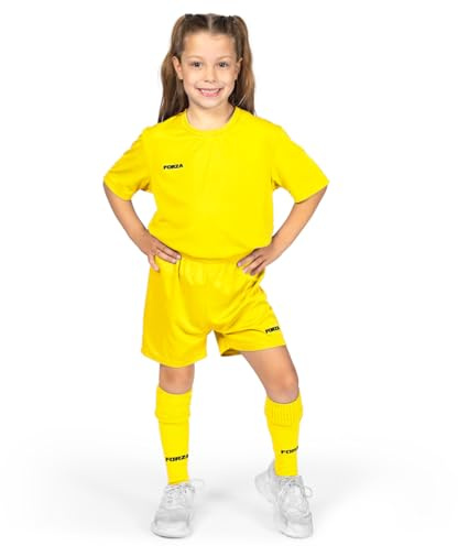 FORZA Barn klassisk kortärmad fotbollssats | komplett fotbollsset med skjorta, shorts och strumpor - för pojkar och flickor, gUL, 5-6 Years
