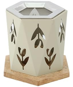 Räucherstövchen Metall & Mangoholz – Design 'Tulpe', taupefarben, mit Edelstahlsieb – Für Weihrauch & Kräuter, Höhe 10,5cm | Incense Burner
