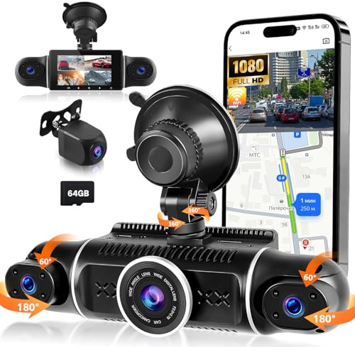Cámara de salpicadero WiFi de 360° delantera y trasera en el interior, 4 canales IPS de 3 pulgadas, cámara frontal y trasera interior izquierda derecha, 4 cámaras de salpicadero de 1080P con visión