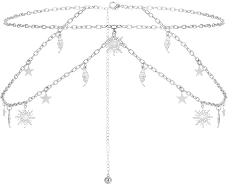 JJDreams Cadena de cintura retro multicapa, estilo bohemio, plata, luna, ajustable, Y2K, cadena de cintura ajustable, cadena de cadera para mujer, F1.102CM-Silberner Mond + Sonne, Metales preciosos