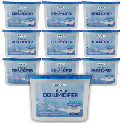 SAVEX 500ml Disposable Dehumidifier Moisture Absorber, 10 Pack | Calcium chloride damp traps for wardrobes, bathrooms, caravans, garages, cupboards, windowsills and other small spaces