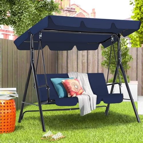 UNIONLINE Garden Swing Chair, Outdoor 3-Seat Glider Porch Bench with Removable Cushion and Adjustable Shade, Garden Swing Chairs for Poolside,Backyard (Deep Blue)