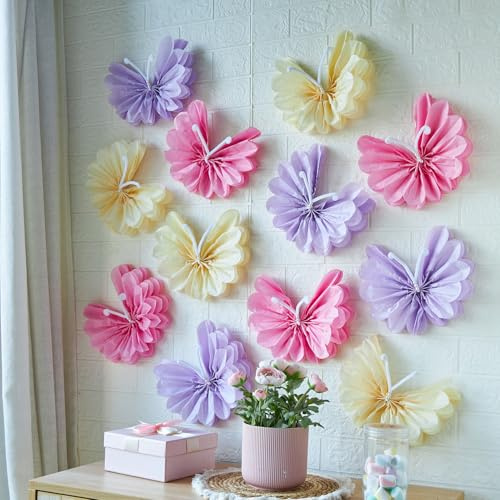 Easy Joy 12PCS Pastel Butterfly Tissue Paper Pom Poms 12'' Large 3D Butterfly Tissue Flower Spring Summer Garden Pink Purple Yellow Butterflies for Wedding Baby Shower Tea Party Easter Dcor