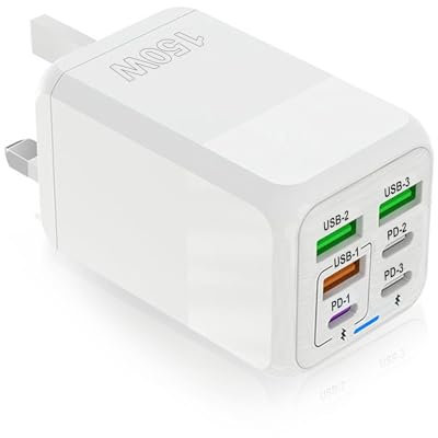 Niniber 150W Multi Port Fast Charger,6-Port USB C Plug UK Fast Charger,3PD Type C Port+3QC USB A Plug Fast Wall Charger Power Adapter for iPhone 16/15/14/13/12/11 Series/XS/XR/SE,iPad,AirPods,White