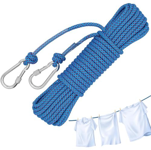20M Washing Line Rope Strong Outdoor, Weather Resistant Multipurpose Washing Line Rope,10mm Steel Core Clotheslines with Hook & Clip, Strong Nylon Material for Garden,Terrace, Balcony