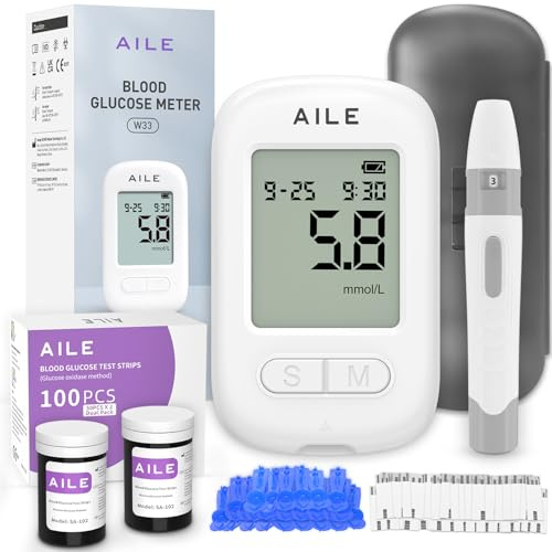 AILE Blood Glucose Test Kit for Diabetes: 100 Glucometer Strips, 100 Lancets, 1 Meter for Home Use Portable Blood Sugar Monitor Testing Kits Diabetics Meter - UK Glucometer (W33)
