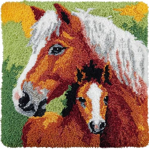 Taxpy Knüpfkissen Set Stute Und Fohlen Pferd 43X43Cm Knüpfkissen Set Für Anfänger Erwachsene Oder Kinder Zum Selber Knüpfen,Diy Knüpfteppich Knüpfpackung