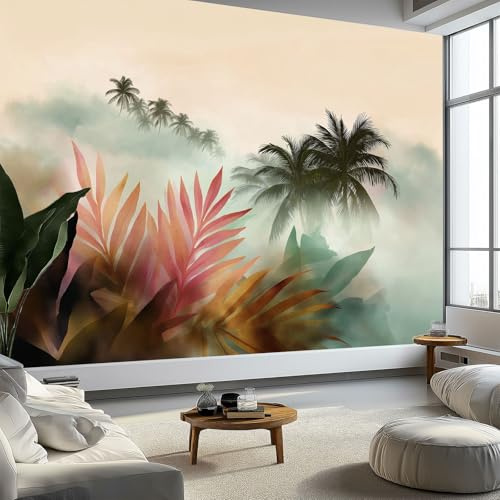 Murales Papel Pintado Acuarela Una Selva Tropical Brumosa Palmeras 300 x 210 cm Fotomurale Tejido No Tejido, Beige Papel Tapiz Fotográfico - Salon Dormitorio Oficina Hotel Decorativos Murales