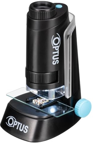 Optus Microscopio de Bolsillo Portátil con Aumento 40x-120x, Iluminación LED, Soporte y Pinzas de Sujeción, Microscopio Manual Compacto y Ligero