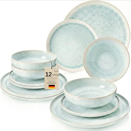 SÄNGER Geschirrset Paros 12 tlg, Tafelservice 4 Personen, Steingut | Geschirr Handmade, Teller Set inkl. Essteller Dessertteller Tiefe Teller, Essgeschirr Türkis Farben mit Sandiger Maserung