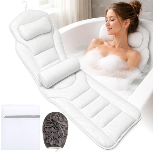 Badewannenkissen Ganzkörper, 142x45cm Badewannenmatte mit Kopfstütze und Lendenwirbelstütze, schnelltrocknend, hautfreundlich, mit Hängehaken und Badehandschuhe, für Eintauchen in Badewanne