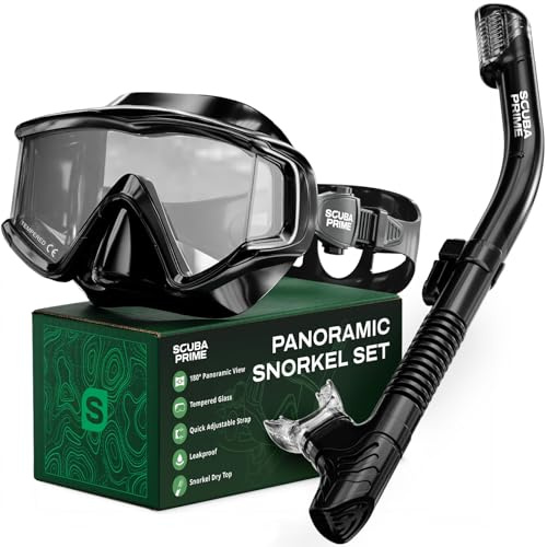 Scuba Prime Pano 3 180° Panoramic Dive Mask, Three-Window Tempered Glass Scuba Mask with Dry Top Snorkel, Dual-Layer Silicone Skirt Anti-Leak Diving Gear for Men Women Teens Adults, Black - Classic