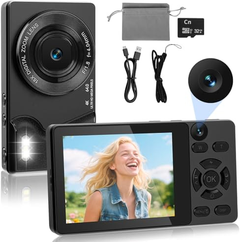 4K 64MP Digitalkamera mit Dual-Kameras Vorne und Hinten, Autofokus Kamera Fotokamera Kompakte Vlogging Kamera 2,8 Zoll Bildschirm, 18X Digitalzoom, 32G Karte für Kinder, Jugendliche, Anfänger