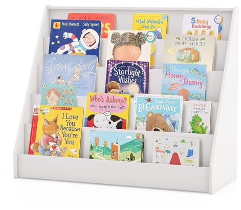 GOPLUS Barnbokhylla, 5-stegs barnhylla med djupa fack, Montessori barnbokhylla, tidningsställ, förvaringshylla, barnhylla för vardagsrum, barnrum, dagis (vit)