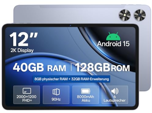 Tablette Android 12 Pouces, 40 Go RAM, 128 Go ROM, GPS Intégré | Tablette Tactile avec Unisoc T7280 Octa-Core 2,2 GHz, 8 Go RAM Physique, Gemini AI, 2K IPS 90 Hz, 8000 mAh, Charge PD 20 W