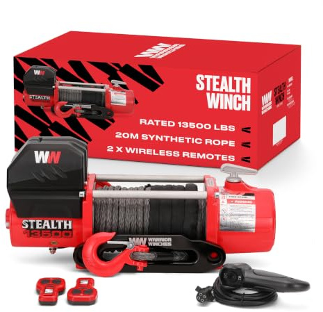 Stealth Winches V2 13500lb Wireless Recovery Electric Winch, Synthetic Rope | 13,500lb Capacity Synthetic Rope Recovery Winch, 12V Motor, Wireless & Wired Controls, Sealed Solenoid, Steel Gears