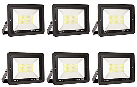 6pack 100W LED Foco Exterior, Proyector Foco Led Blanco Frío 6000K Floodlight Brillo Alto IP65 Impermeable Exterior Iluminación para Jardín, Garaje, Fábrica