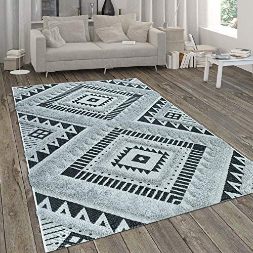 Paco Home Alfombra Salon De Habitacion Cocina Exterior Terraza Jardin Motivo Etnica Dibujo Geometrico 3D, tamaño:160x230 cm, Color:Negro